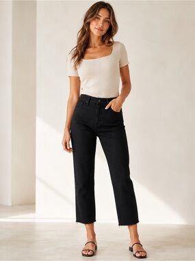Seven7 Tower Straight Crop Black Jeans Size 6 Raw Hem Stretch Denim NWOT #1465